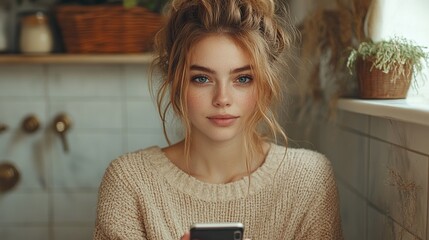 Poster - bathroom with phone young woman cup of coffee relaxation concept morning routine.stock image