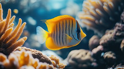 Wall Mural - A close-up of a tropical fish swimming among coral formations, showcasing the beauty and diversity of marine life with space for text.