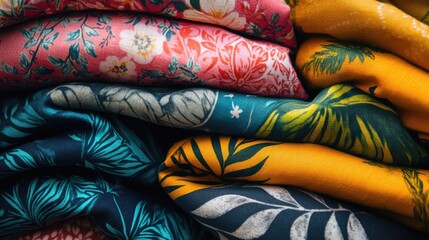 A close-up of bold summer prints on fabric, including florals and tropical designs, offering a vibrant and fashionable scene with space for text.