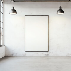 Minimalistic empty room with large white frame on wall, industrial lighting, and large windows. Perfect for art display or design mockup.