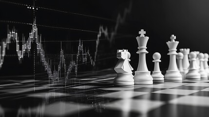 chess pieces on a board with a stock market graph in the background