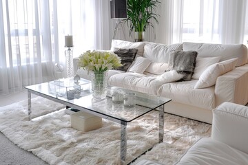 Poster - A cozy living room with a white sofa and glass coffee table, perfect for relaxation or entertaining