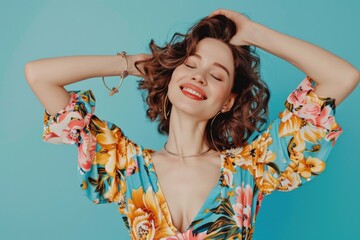 Poster - A beautiful young woman wearing a floral dress