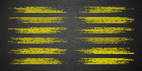 Wall Mural - Yellow grunge tire tracks, wheel braking marks. Truck, car or motorcycle tread pattern silhouettes. Auto race, motorsport, speed racing design element. Asphalt texture. Vector illustration