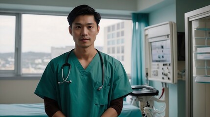 Portrait of asian male doctor in green medical gown in a hospital room