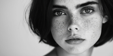 Wall Mural - Close-up Portrait of a Freckled Woman with Intense Gaze in Black and White