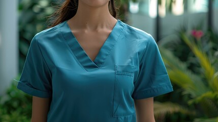 Canvas Print - A woman in a blue scrub suit stands outside a building, possibly a hospital or clinic