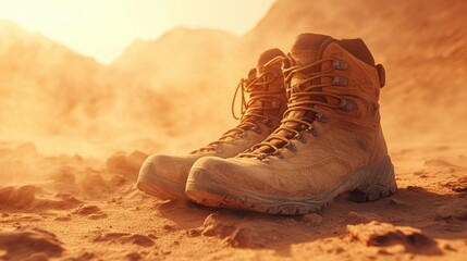 Poster - A close-up of hiking boots in the sandy desert, with dust and sun, highlighting the rugged terrain and adventure with ample space for copy.