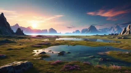 panoramic wallpaper wonderful landscape meadows and cosmic sky