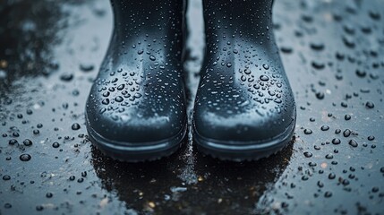Poster - A close-up of rain boots covered in droplets of rain on a wet surface, highlighting the texture and functionality of the boots with ample space for text.