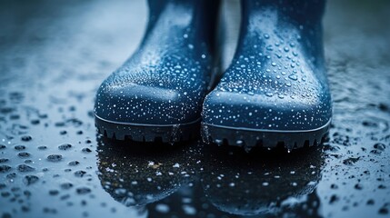 Poster - A close-up of rain boots covered in droplets of rain on a wet surface, highlighting the texture and functionality of the boots with ample space for text.