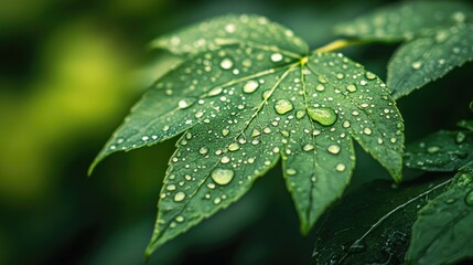 Wall Mural - A close-up of water droplets clinging to a green leaf after a rainstorm, highlighting the freshness of nature.