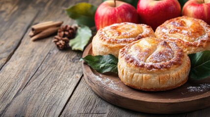 Wall Mural - Flaky apple pastries with cinnamon and apples on wooden table