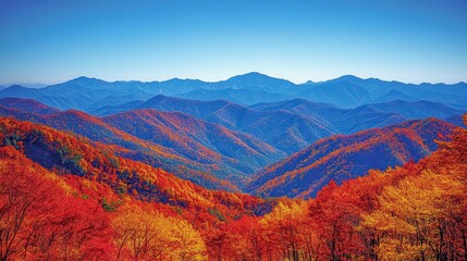 Sticker - Stunning View of Appalachian Mountains Covered in Vibrant Autumn Foliage with Clear Sky and Blue Mountain Ranges in the Background