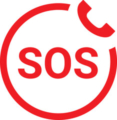 Poster - Red and white graphic symbol shows the letters sos with a broken phone receiver, indicating an emergency phone call
