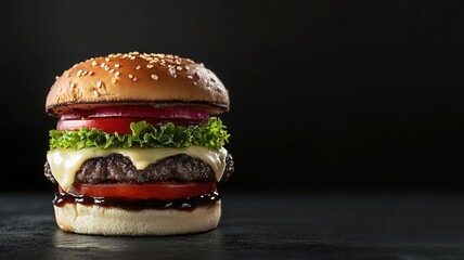 Freshly made cheeseburger with lettuce, tomato, onion, and sauce on sesame seed bun