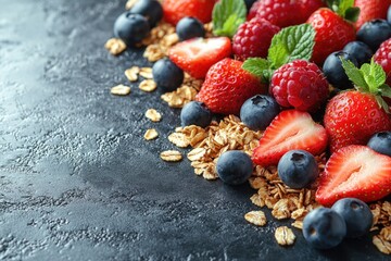 Fresh Berries, Crunchy Granola, and Juicy Strawberries on a Stylish Gray Background