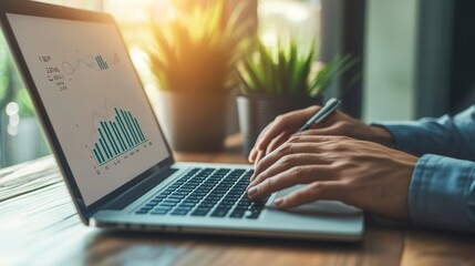 Poster - close up of businessman hand working on laptop computer with business graph information diagram on wooden desk as concept