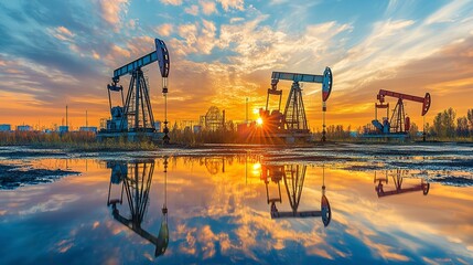 Poster - Oil pumps operating during sunset in an industrial area reflecting off wet ground 