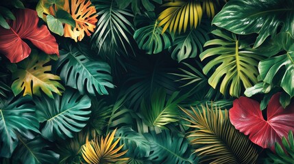 Poster - A collection of tropical foliage with large, leafy plants and vibrant colors, perfect for creating a lively and exotic background with ample copy space.