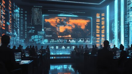 Wall Mural - Visual of a futuristic parliament with holographic economic policy presentations, concept of modern legislative economics