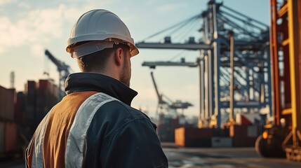 Poster - industrial worker in hardhat observing busy cranes at port facility during daytime