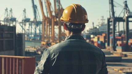 Poster - industrial worker in hardhat observing busy cranes at port facility during daytime
