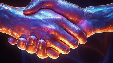 Poster - A vibrant handshake symbolizes partnership and connection in a colorful, futuristic setting.