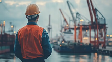Poster - industrial worker in hardhat observing busy cranes at port facility during daytime