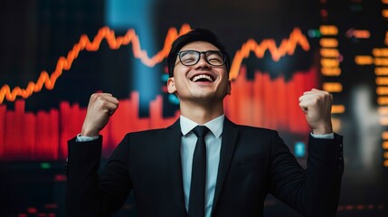 Wall Mural - Chinese entrepreneur celebrating in front of a soaring stock market chart, Chinese finance, business triumph