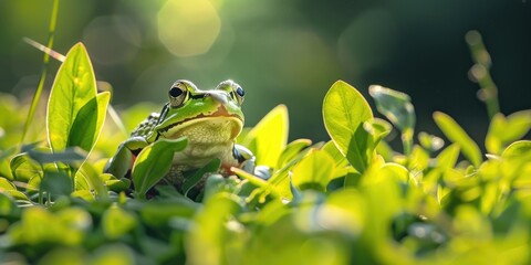 Poster - Backlit greenery and foliage as seen from a frog's viewpoint in the natural environment.