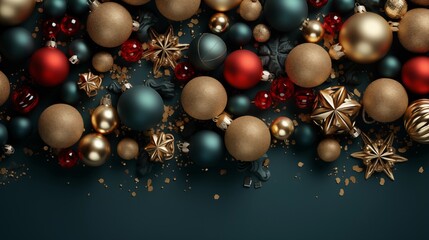 Square banner with gold and red Christmas symbols and text. Christmas tree, balls, golden tinsel confetti and snowflakes on green background. Header for website template.