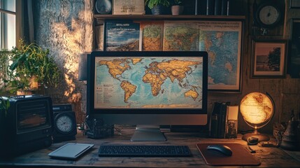 Poster - A computer monitor with a travel booking platform open, surrounded by travel brochures and a map. Plenty of space for messages.