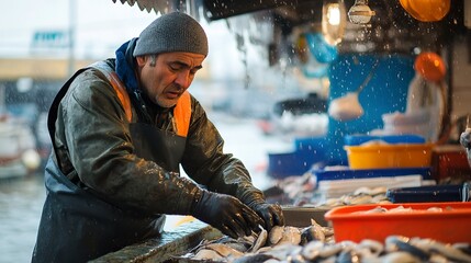 Poster - a fisherman works diligently, sorting fresh seafood at a vibrant harbor market