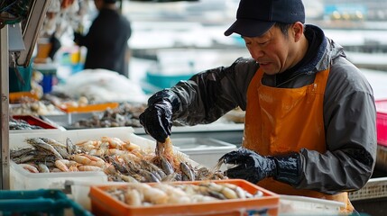 Poster - A fisherman works diligently, sorting fresh seafood at a vibrant harbor market