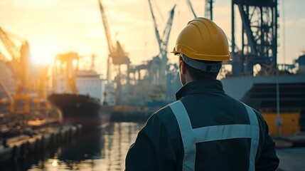 Wall Mural - Industrial Worker in Hardhat Observing Busy Cranes at Port Facility During Daytime