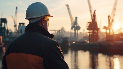 Poster - industrial worker in hardhat observing busy cranes at port facility during daytime
