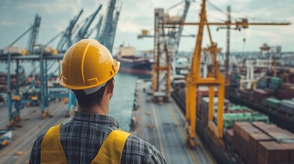 Poster - Industrial Worker in Hardhat Observing Busy Cranes at Port Facility During Daytime