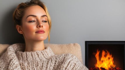 A relaxed woman enjoying a cozy moment by the fireplace, wrapped in a warm sweater, evoking comfort and tranquility.