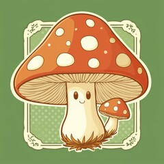 Wall Mural - Cute Cartoon Mushroom Illustration with a Green Background