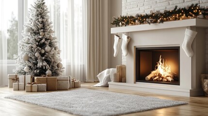 A cozy living room with a fireplace, stockings, and a beautifully decorated Christmas tree, offering a warm holiday atmosphere with space for text.