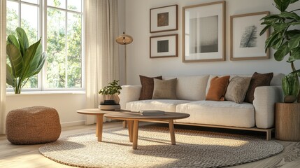Poster - A cozy living room with stylish decor, reflecting a modern and relaxed lifestyle. Ample space for text.