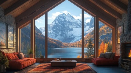 Poster - A cozy vacation cabin with scenic mountain views, representing a peaceful getaway and vacation relaxation. Clear space for messages.