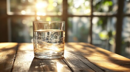 A crystal-clear glass of water on a wooden table, with sunlight streaming through a nearby window.