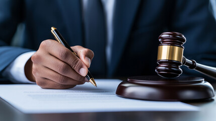 A professional man is signing legal document with pen, conveying sense of authority and responsibility. gavel beside him symbolizes justice and law.