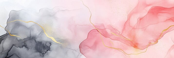 Poster - This elegant abstract watercolor background features soft pinks, gentle grays, and a touch of gold, ideal for minimalistic designs and various creative projects in both digital and print formats