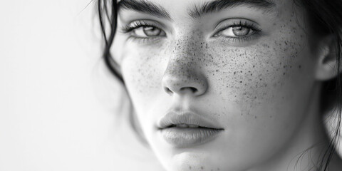 Wall Mural - Monochrome Close-up Portrait of a Woman with Freckles and Intense Gaze