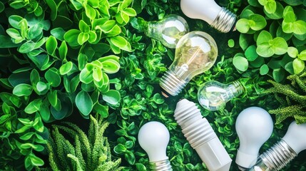 Green energy concept with light bulbs and plants