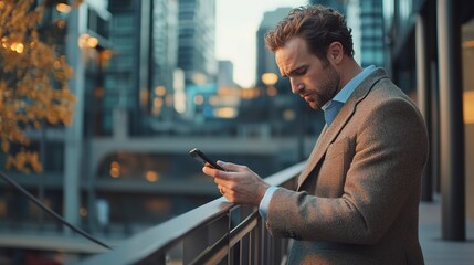 Canvas Print - Businessman using smart phone leaning on railing 