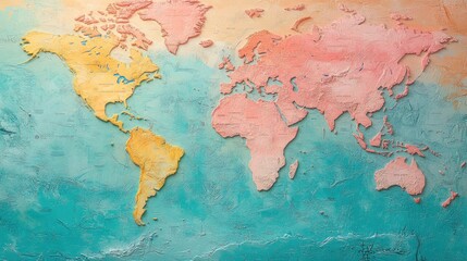 Poster - A detailed world map with vibrant colors, creating a dynamic background for travel-related content. Clear copy space.